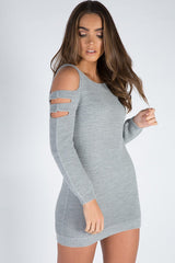 Grey Knitted Cold Shoulder Cut Out Jumper Dress - Sienna