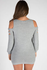 Grey Knitted Cold Shoulder Cut Out Jumper Dress - Sienna