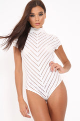 White Mesh Ribbed Short Sleeved Bodysuit - Shai