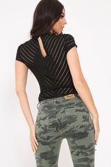 Black Mesh Ribbed Short Sleeved Bodysuit - Shai