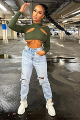 Khaki Ribbed Double Cut Out Crop Top - Graci
