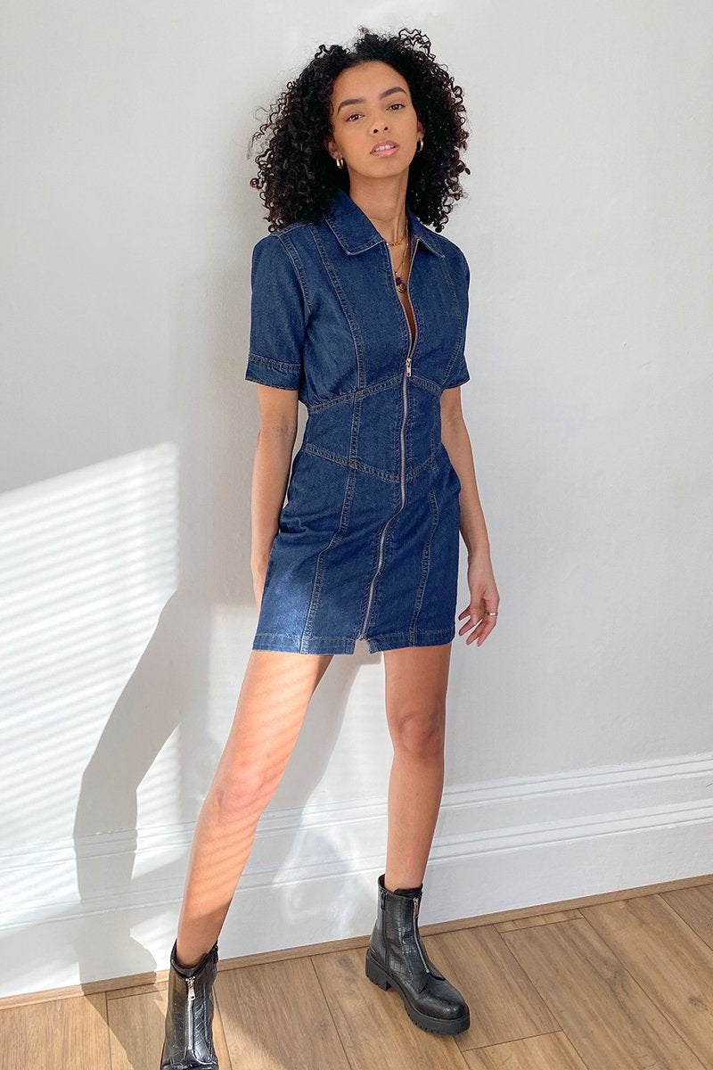 Dark Blue Zip Front Collar Denim Mini Dress