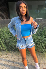 Blue Ribbed Frill Edge Crop Top - Zura