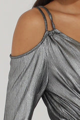 Silver Metallic Cold Shoulder Wrap Playsuit - Shanna
