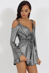 Silver Metallic Cold Shoulder Wrap Playsuit - Shanna