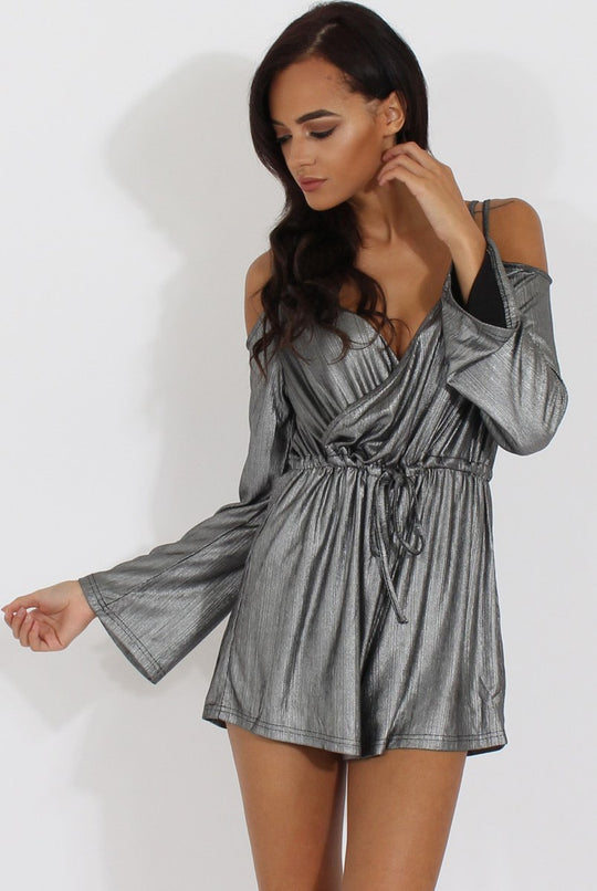 Silver Metallic Cold Shoulder Wrap Playsuit - Shanna