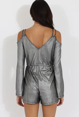 Silver Metallic Cold Shoulder Wrap Playsuit - Shanna