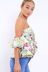 Beige Floral Bardot Corset Ruffle Sleeve Top - Shannen