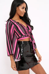 Fuchsia Black and White Striped Wrap Tie Crop Blouse - Shannon