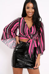 Fuchsia Black and White Striped Wrap Tie Crop Blouse - Shannon