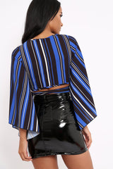 Royal Blue Black and White Striped Wrap Tie Crop Blouse - Shannon