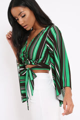 Green Black and White Striped Wrap Tie Crop Blouse - Shannon