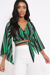 Green Black and White Striped Wrap Tie Crop Blouse - Shannon