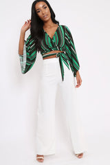 Green Black and White Striped Wrap Tie Crop Blouse - Shannon