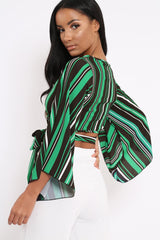 Green Black and White Striped Wrap Tie Crop Blouse - Shannon