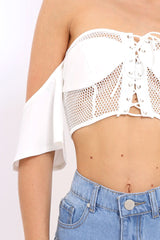 White Lace Up Front Mesh Gypsy Top - Shari