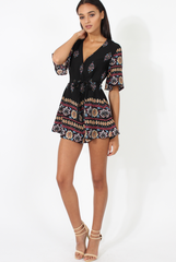 Black Floral Border Print Playsuit - Shauna