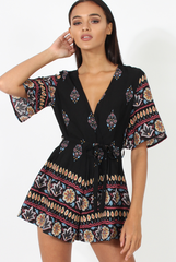 Black Floral Border Print Playsuit - Shauna