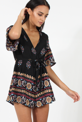 Black Floral Border Print Playsuit - Shauna