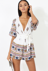 White Floral Border Print Playsuit - Shauna