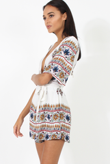 White Floral Border Print Playsuit - Shauna