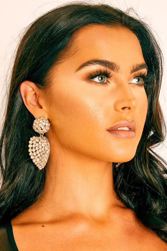 Gold Oversized Diamante Heart Pendant Earrings - Tylar