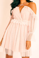 Pink Plunge Tulle Ruffle Cross Back Dress - Aerial
