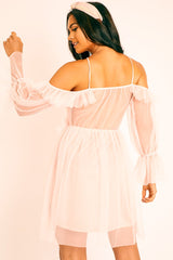 Pink Plunge Tulle Ruffle Cross Back Dress - Aerial