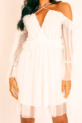 White Plunge Tulle Ruffle Cross Back Dress - Aerial