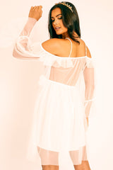 White Plunge Tulle Ruffle Cross Back Dress - Aerial