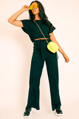 Black Wide Leg Ribbed Crop Top Loungewear Co-ord - Cesilia