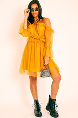 Mustard Plunge Tulle Ruffle Cross Back Dress - Aerial