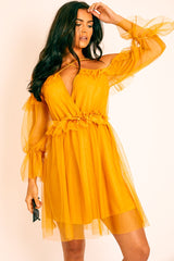 Mustard Plunge Tulle Ruffle Cross Back Dress - Aerial
