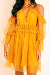 Mustard Plunge Tulle Ruffle Cross Back Dress - Aerial
