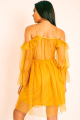 Mustard Plunge Tulle Ruffle Cross Back Dress - Aerial