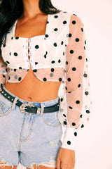 White Black Polka Dot Mesh Front Fastening Crop Top - Kacy