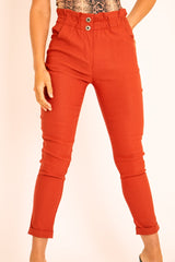 Rust Ruched Waist Tapered Leg Trousers - Lovina