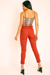 Rust Ruched Waist Tapered Leg Trousers - Lovina