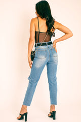 Black Mesh Seam Detail Bodysuit - Naara