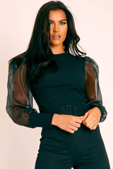 Black Ribbed Mesh Long Sleeve Top - Sonaya