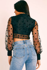 Black Polka Dot Mesh Front Fastening Crop Top - Kacy