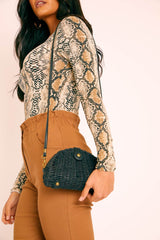 Black Woven Faux Leather Detail Semi Circle Bag - Devyn