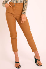 Camel Ruched Waist Tapered Leg Trousers - Lovina