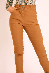 Camel Ruched Waist Tapered Leg Trousers - Lovina