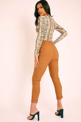 Camel Ruched Waist Tapered Leg Trousers - Lovina