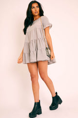 Grey Smock Tiered Frill Sleeve Mini Dress - Olah