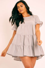 Grey Smock Tiered Frill Sleeve Mini Dress - Olah