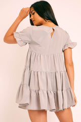 Grey Smock Tiered Frill Sleeve Mini Dress - Olah