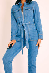 Dark Blue Denim Belted Boilersuit - Lucindy