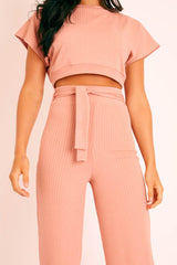 Pink Wide Leg Ribbed Crop Top Loungewear Co-ord - Cesilia